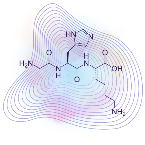 Illustration of the GHK-Cu copper peptide molecule overlaid on a colorful, abstract background with gradient hues of pink, blue, and yellow, surrounded by wavy lines.