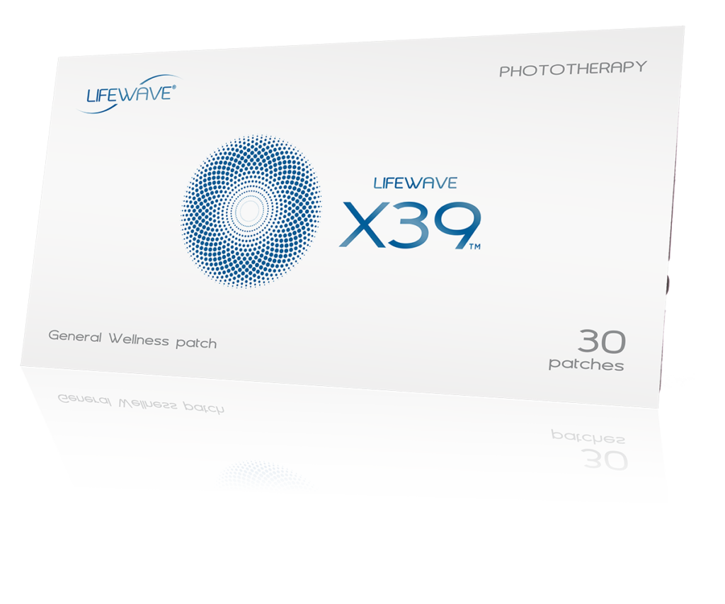 Packaging of Lifewave X39 general wellness patch, labeled with '30 patches' and 'Phototherapy.